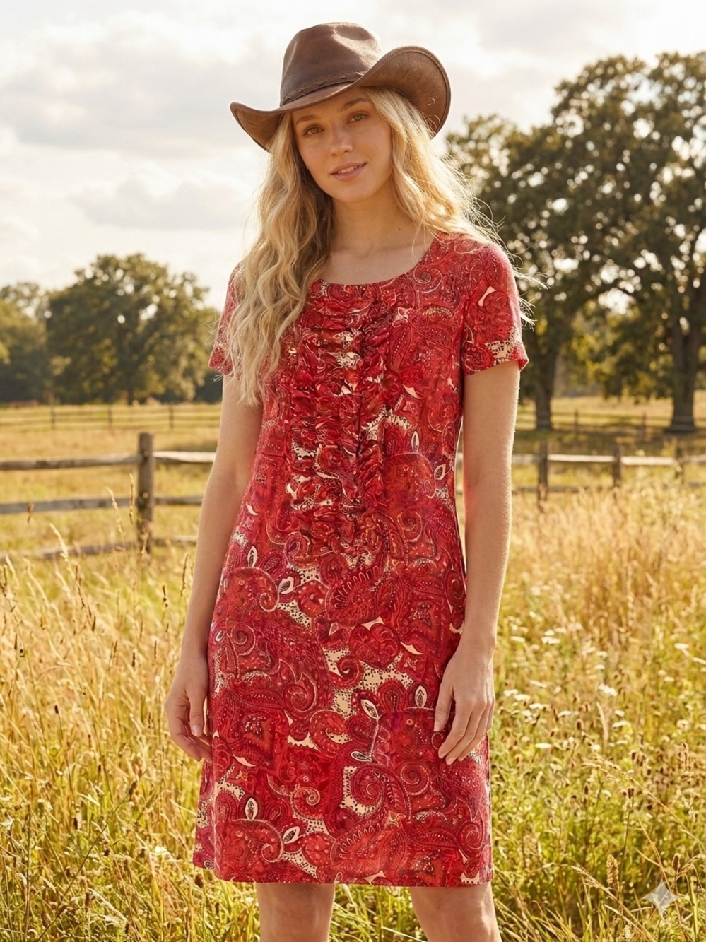 DKNY Red Paisley Ruffle-Front Midi Dress
